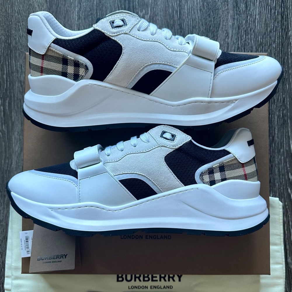 Burberry Logo Ramsey Vintage Check Off-White Beige Leather Low-top Sneakers NWT
